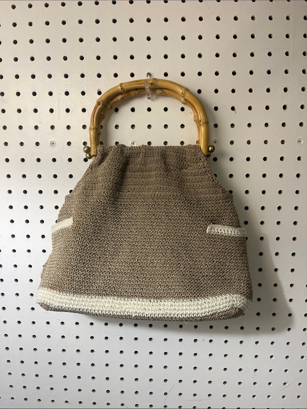 Amanda Smith Taupe Tote with Cream Trim and Bamboo Handles